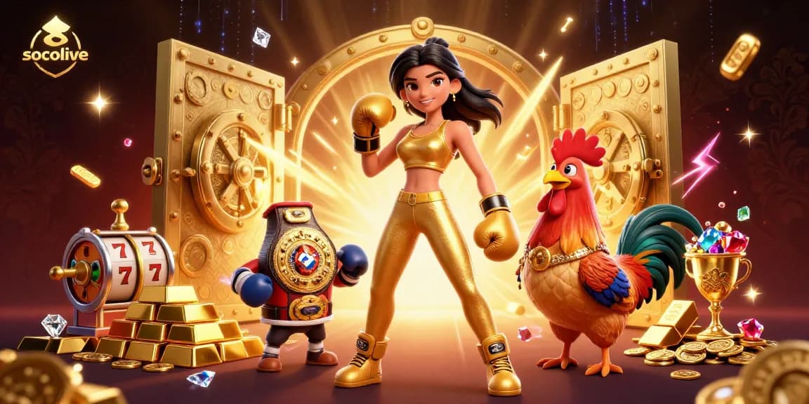 Socolive's vibrant sports betting scene showcasing a powerful woman and championship rooster amid gold treasures.