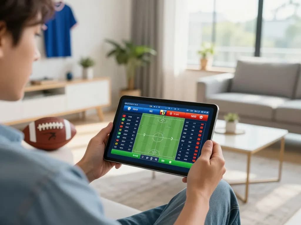 KÈO TRỰC TUYẾN player analyzing live betting odds in a modern home setting.