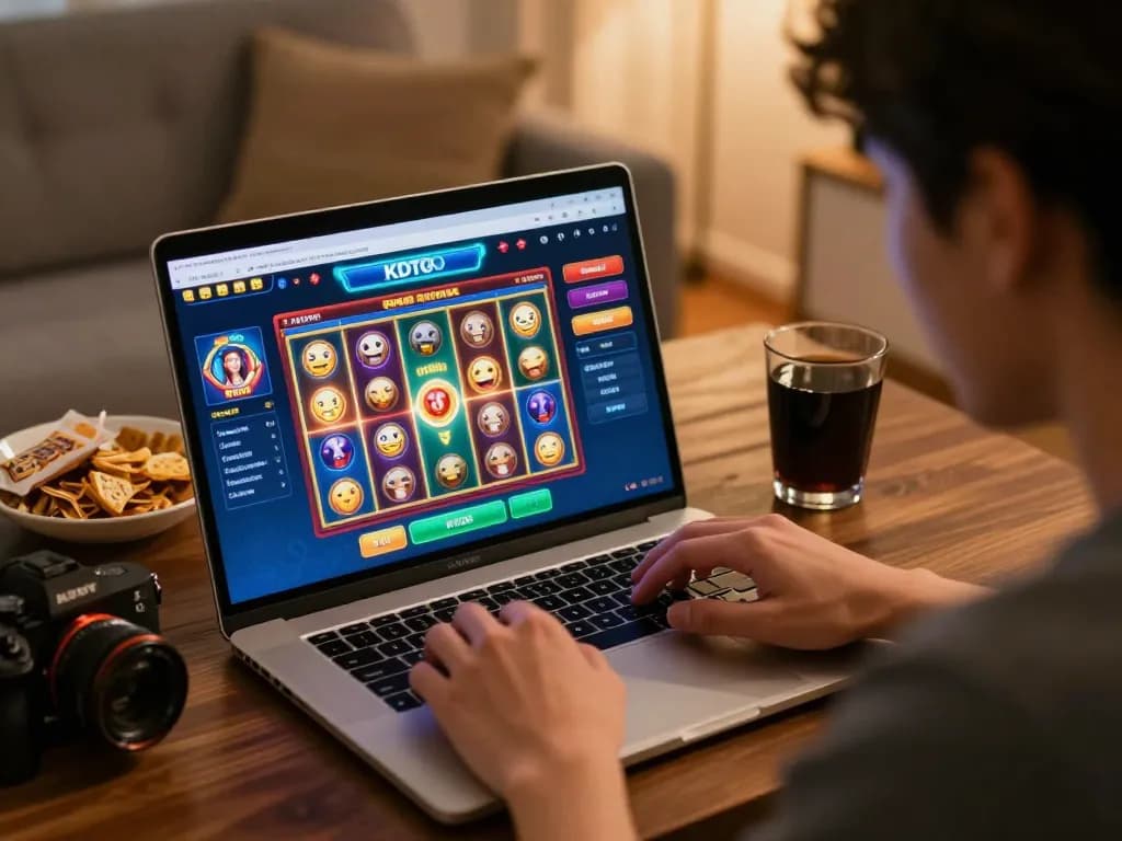 Engaging KDTOTO online gambling session with user selecting Toto Slot games in a cozy home.
