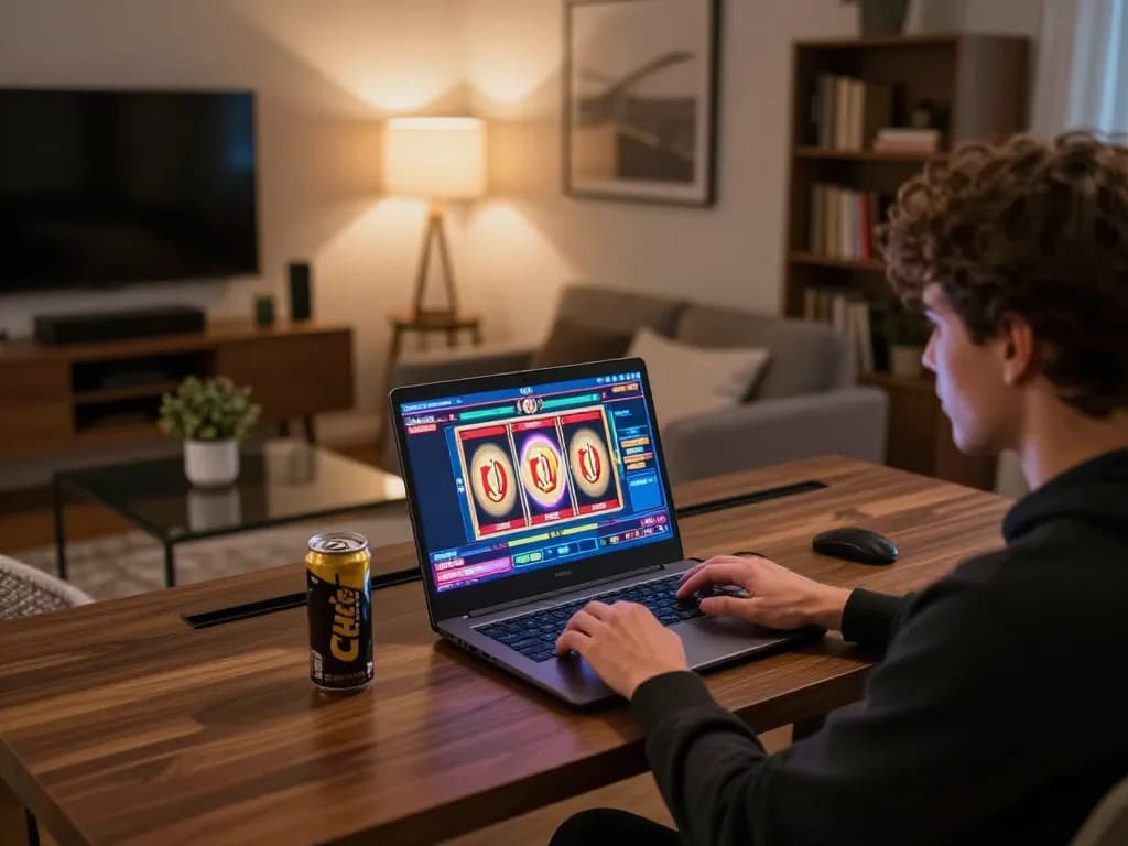 Engaging in an online casino game USA with vibrant slots display on laptop in a cozy home setup