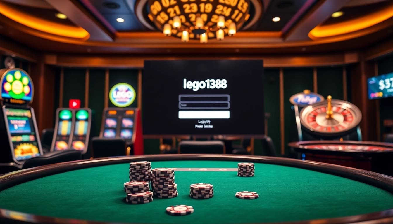 Engaging scene of a high-stakes poker table with a prominent lego138 login interface for online gaming.