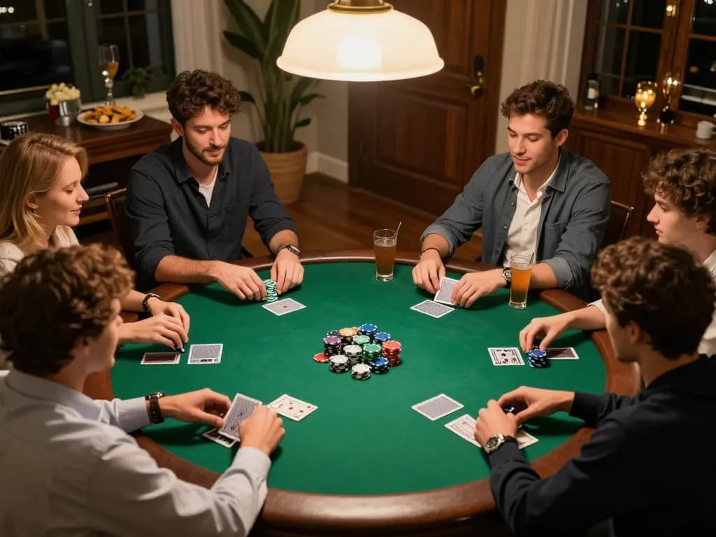 Nhà cái MM88 poker night with friends enjoying competitive gameplay and strategic interaction.