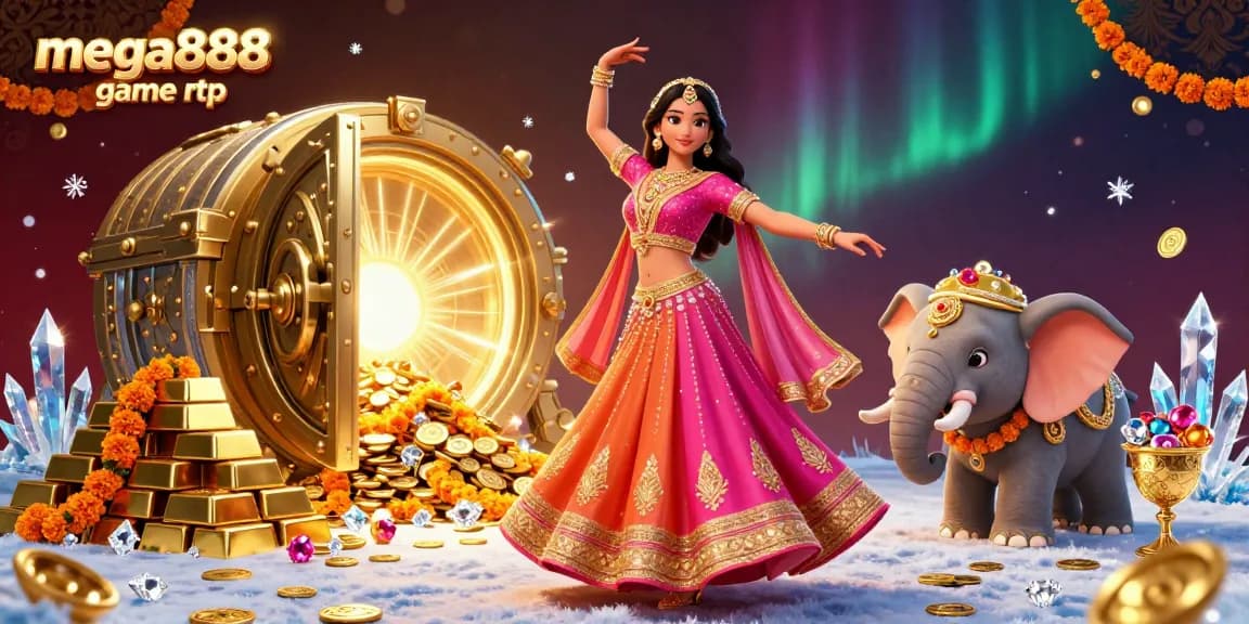 Engage in Mega888 game RTP with vibrant design showcasing an Asian woman, treasured jewels, and immersive casino elements.