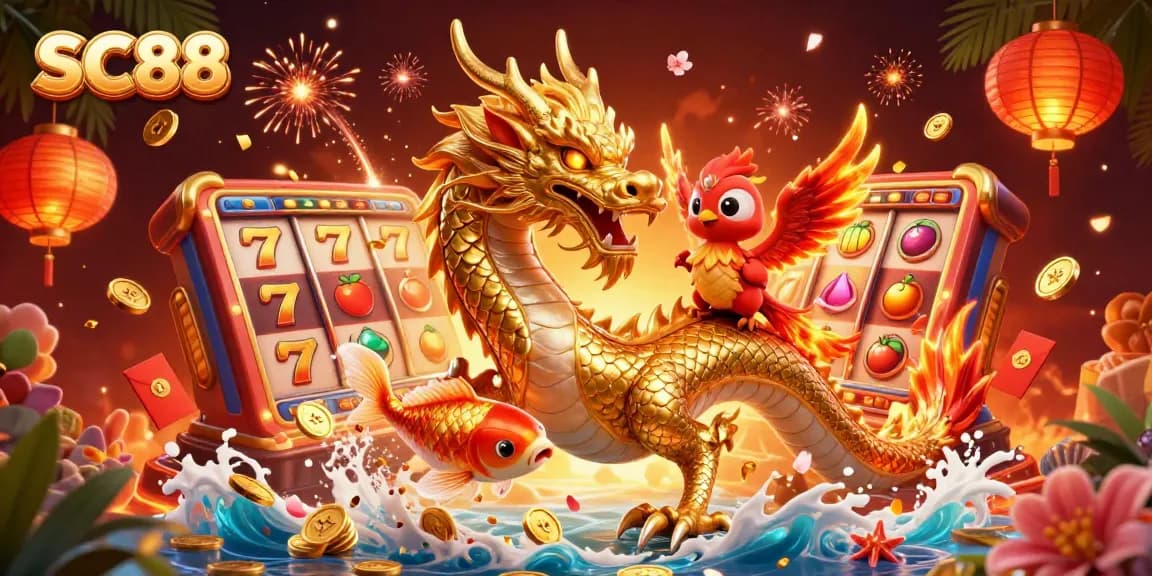 SC88's vibrant casino scene featuring a dragon, phoenix, and koi fish surrounded by slot game elements.