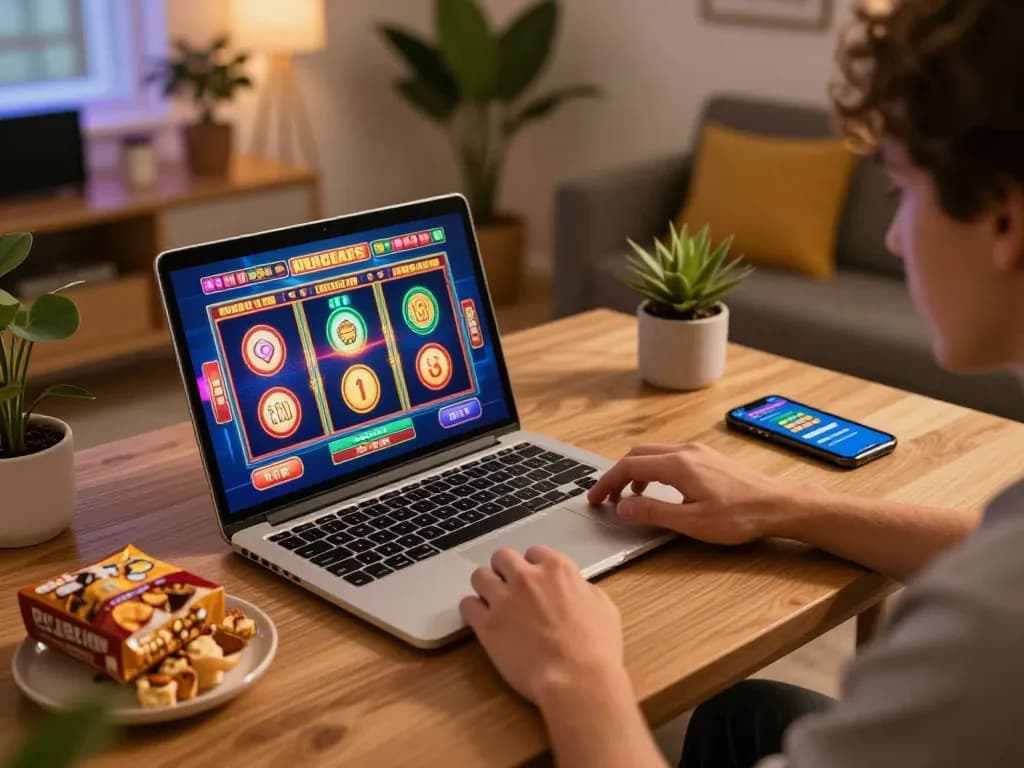 Player enjoying slots on laptop at home, showcasing lecreusot-hotel atmosphere like modern gaming hub.