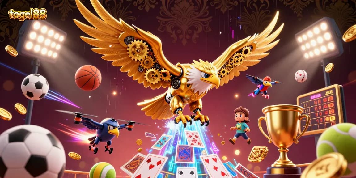 Immerse in the excitement of togel88 as a cybernetic eagle dives through playing cards and sports elements.