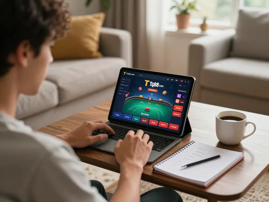 Engaging with Tg88 com poker interface while enjoying online gaming in a cozy home setting.