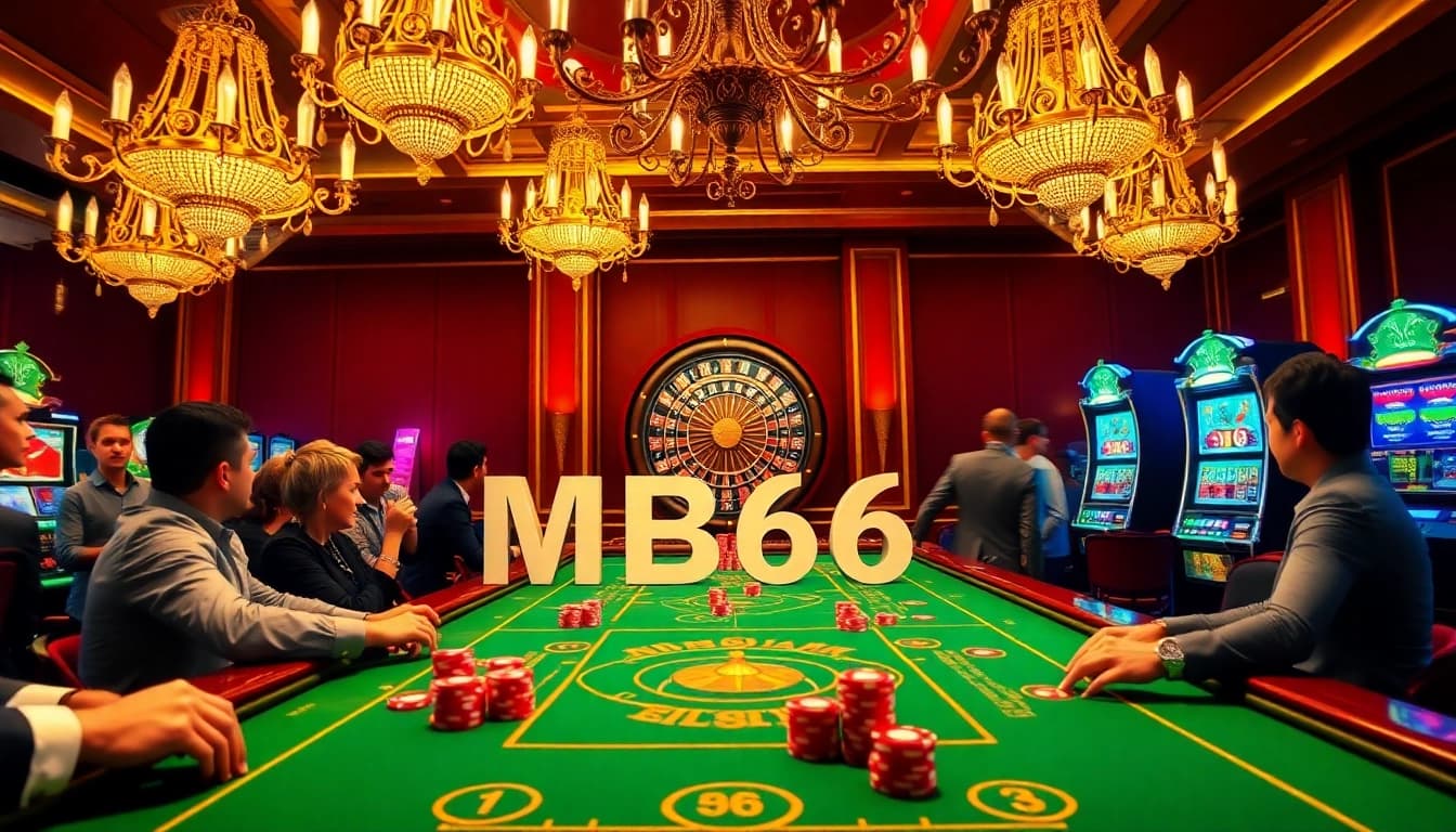 Players enjoying a vibrant MB66 casino atmosphere with lively gaming tables and colorful chips.
