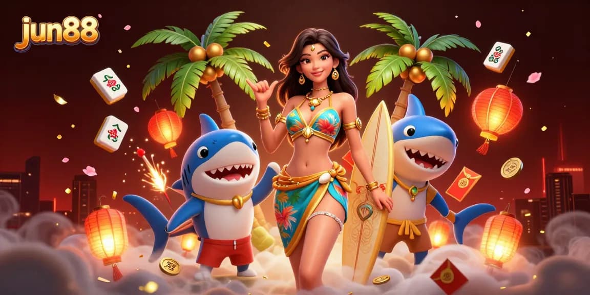 Experience thrilling gameplay at jun88 with dynamic visuals of a beach goddess and playful shark.