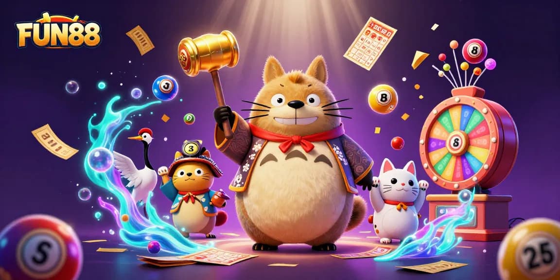 Win big with FUN88 as a cheerful tanuki celebrates with lottery elements and lucky cats.