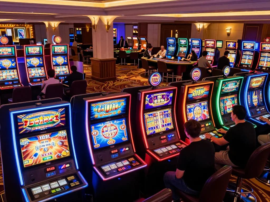 Players enjoying slot machines at F8BET, bright lights and vibrant atmosphere enhance the gaming experience.