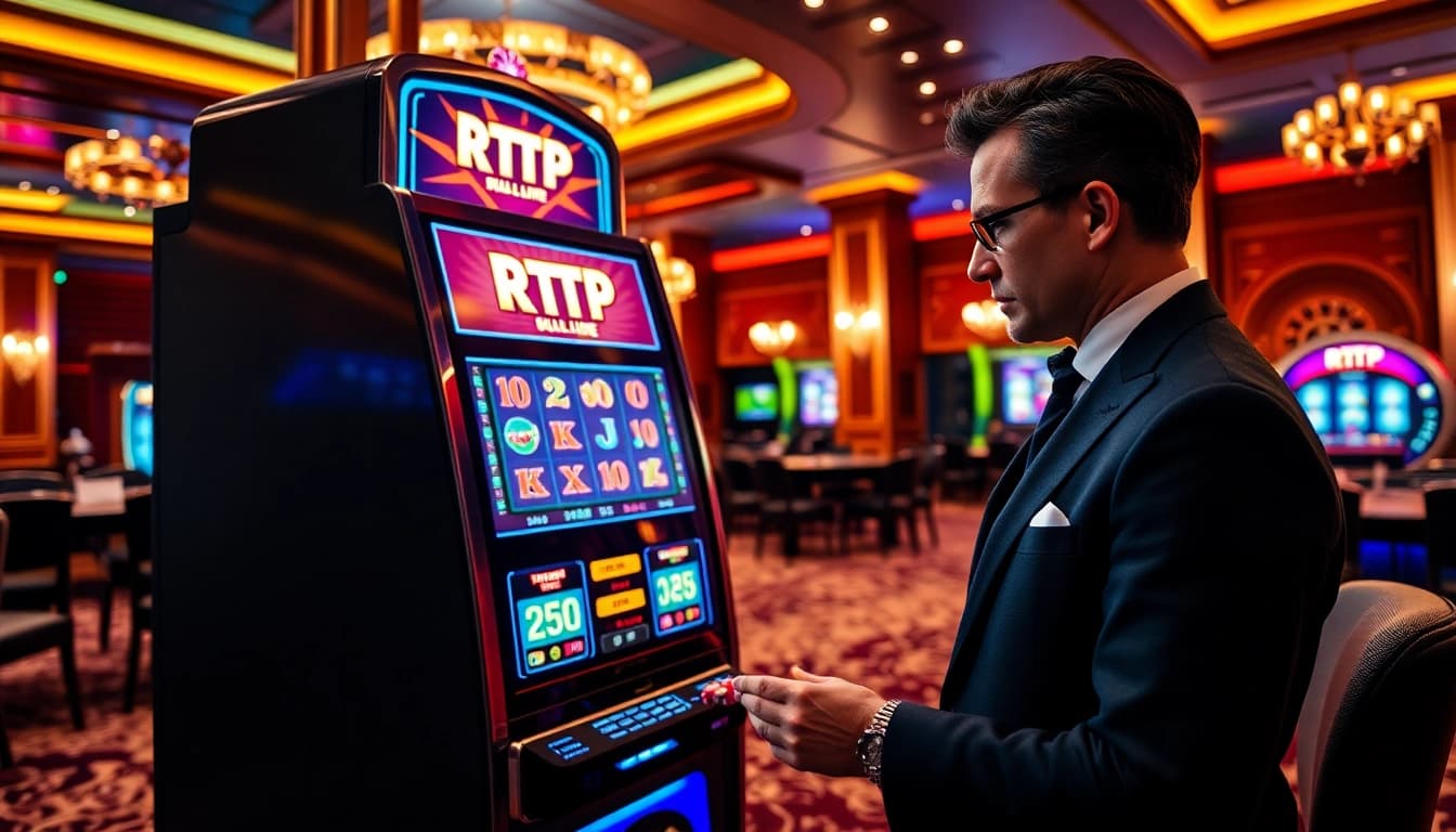 Experience RTP Slot Live gameplay with a gambler at a luxurious casino slot machine.