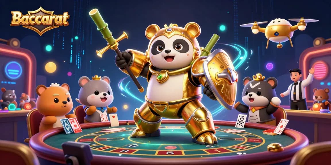 Baccarat table action with a mech-suit panda, a bamboo fighting robot, and cheering animals in a vibrant casino setting.