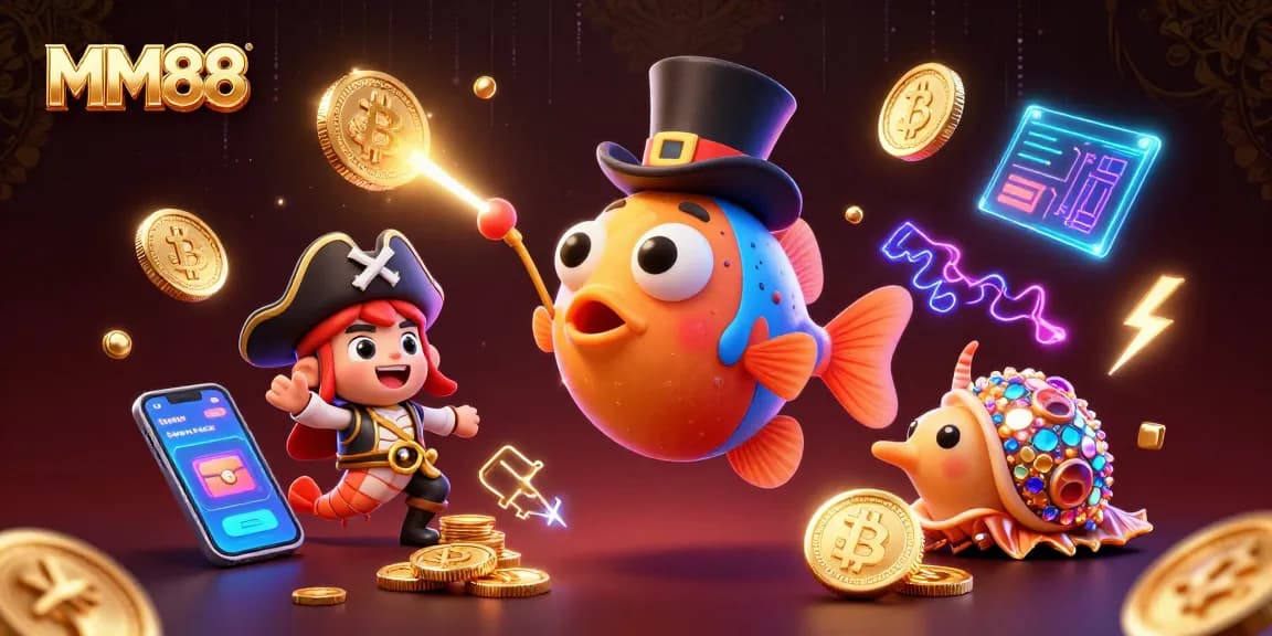 Experience thrilling MM88 moments with vibrant gambling elements and cartoon sea creatures.