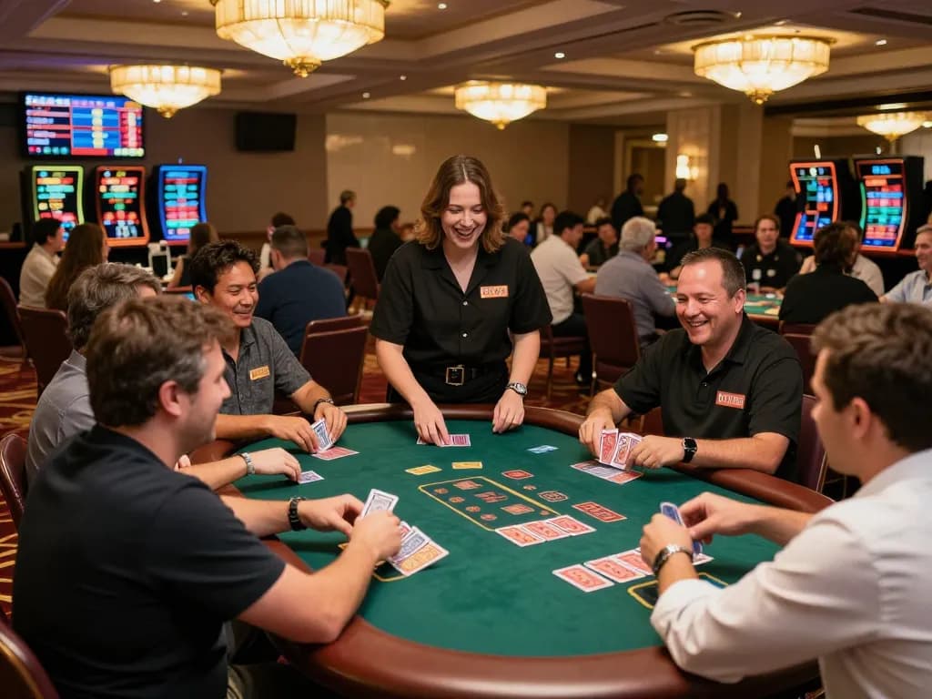Players at a blackjack table strategizing with cards and chips, capturing the essence of gambling excitement at 5679.