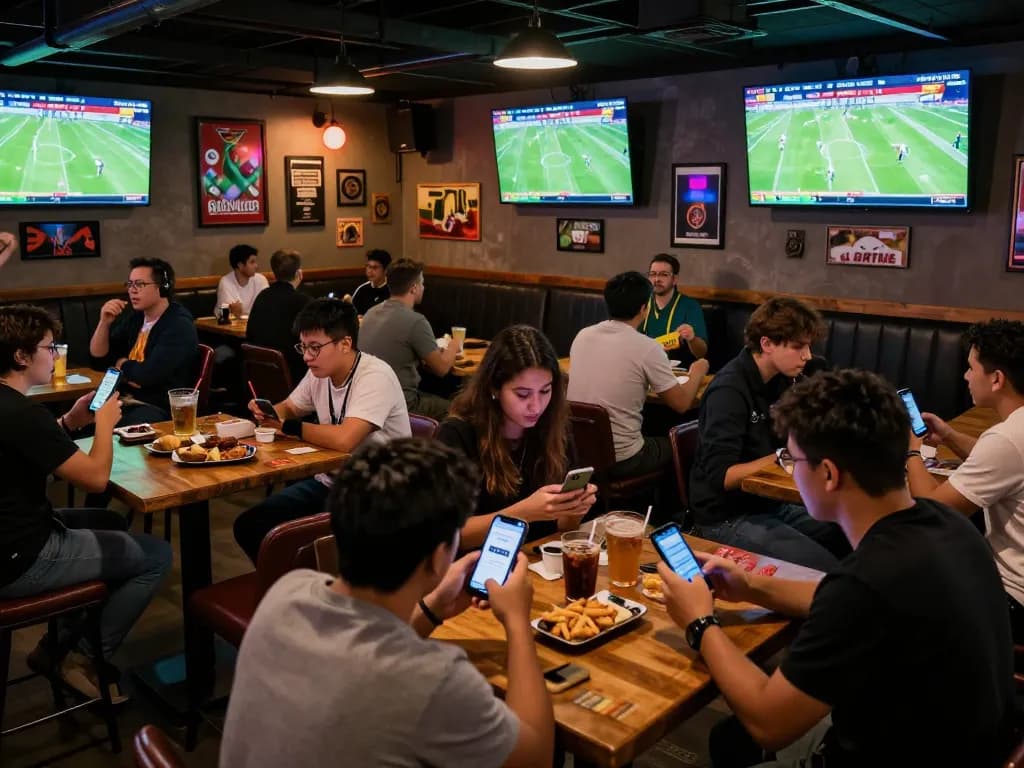 Penggemar menggunakan SPBO di perangkat mobile sambil menonton skor olahraga langsung di setting bar yang hidup