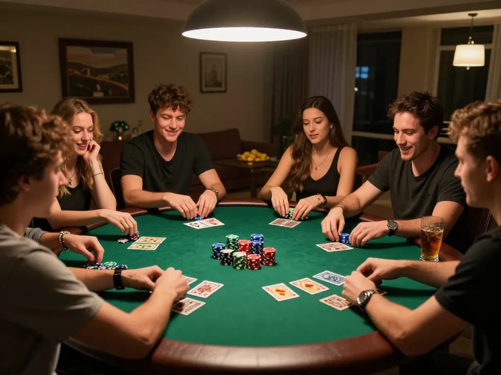 Players engage in a friendly poker game, analyzing hands and strategizing with 1001SLOT, showcasing social gambling.