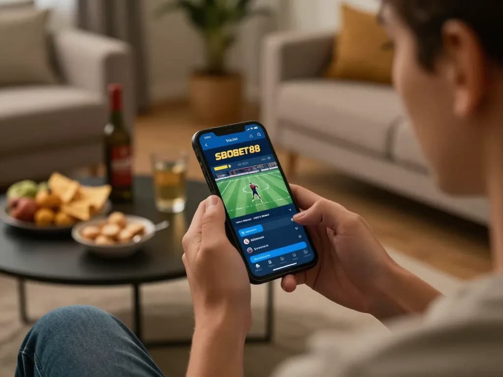 SBOBET88 user engaging with sports betting app on smartphone in a cozy home setting