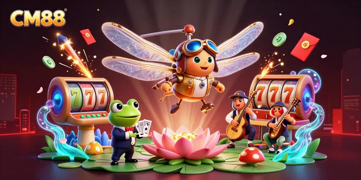 Experience CM88's thrilling casino action with spinning slots and dynamic croupiers in a vibrant 3D scene.