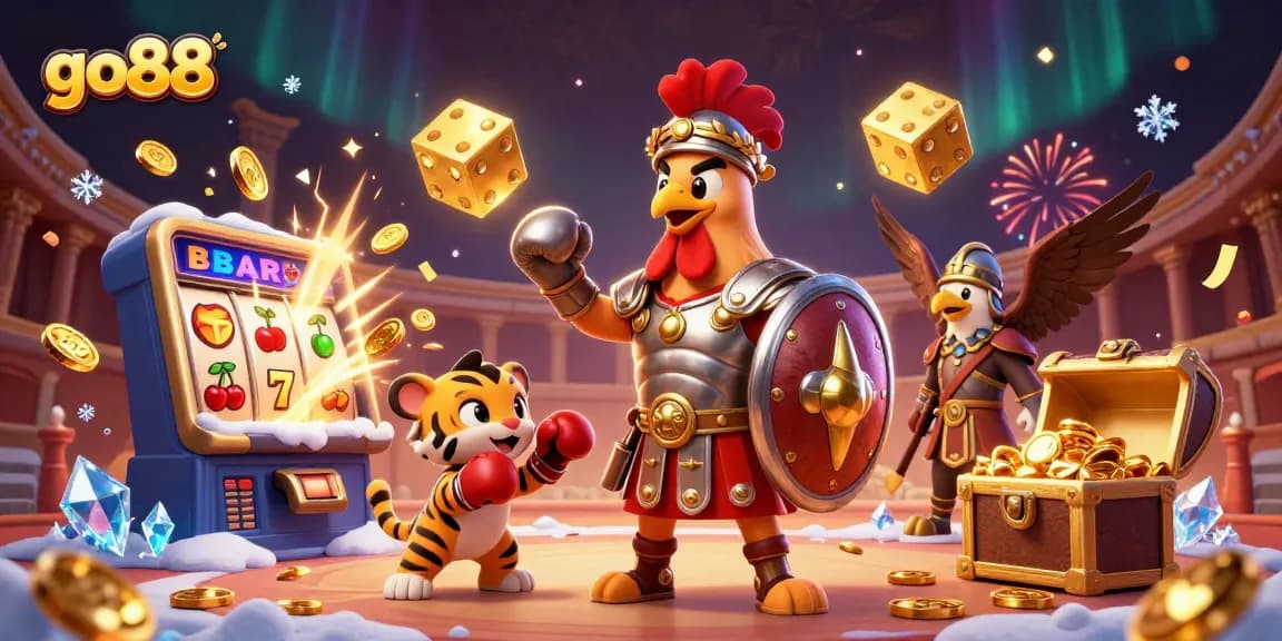 Experience the excitement of go88 with a vibrant, detailed 3D casino scene featuring a rooster gladiator and jackpot symbols.