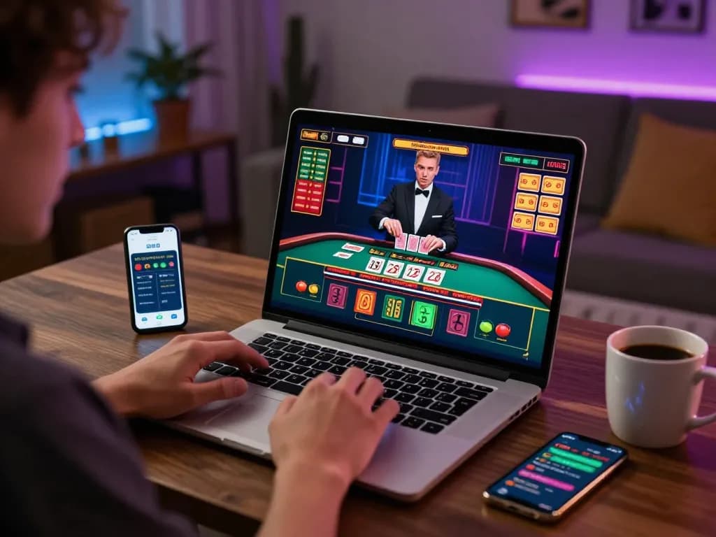 Engaging in go88 live casino gaming on a laptop, showcasing dynamic gameplay with a live dealer and cozy home setup.