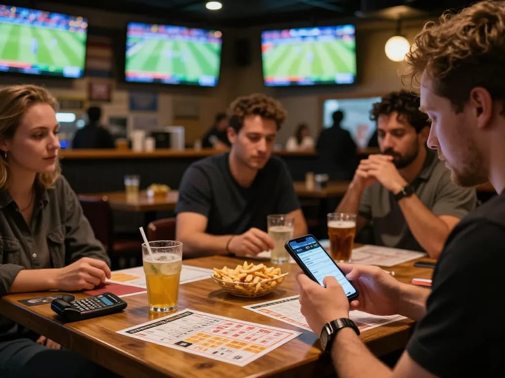 UU88 patrons engaging with sports betting apps in a lively sports bar atmosphere.