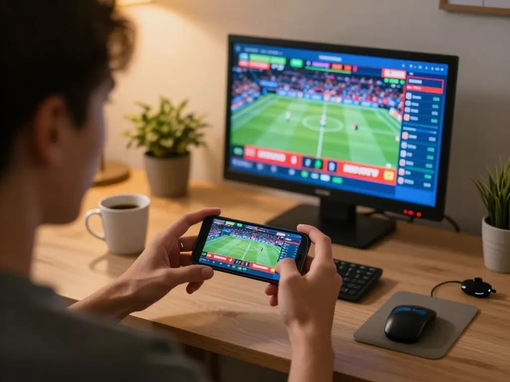 Engaged player using smartphone for online sports betting at home with o8 app interface displayed