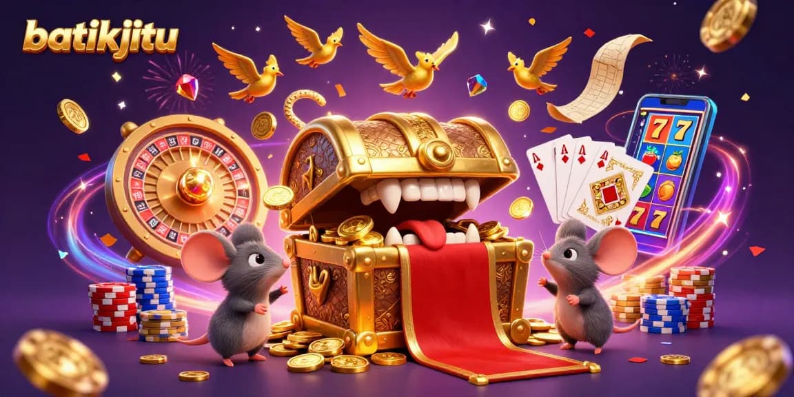 Batikjitu menarik pemain game online dengan harta karun, simbol keberuntungan, dan suasana meriah.