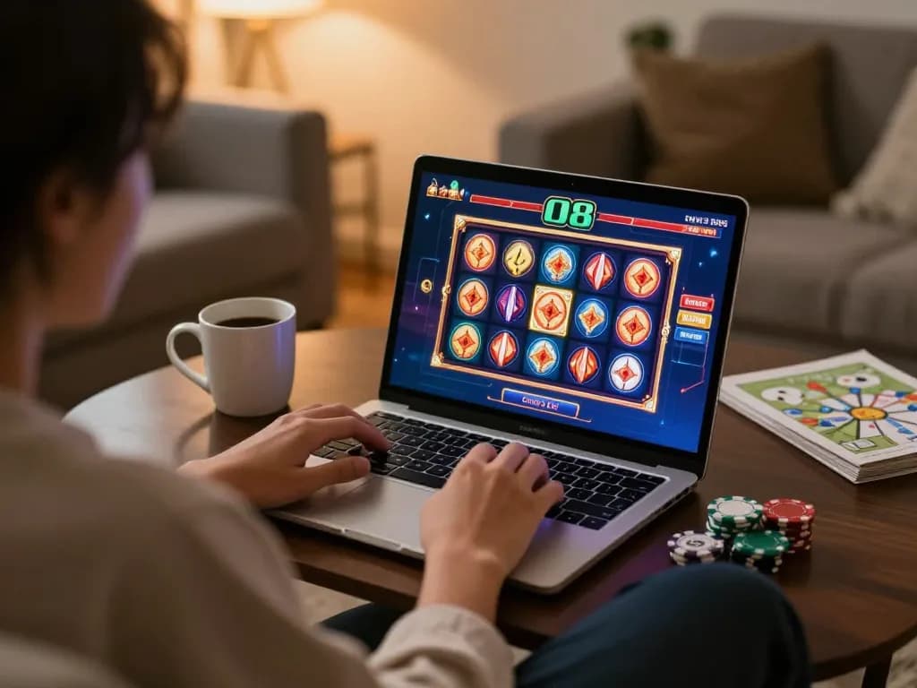 Gamer enjoying O8 casino slots on a laptop in a cozy home setting, highlighting an engaging online gambling experience
