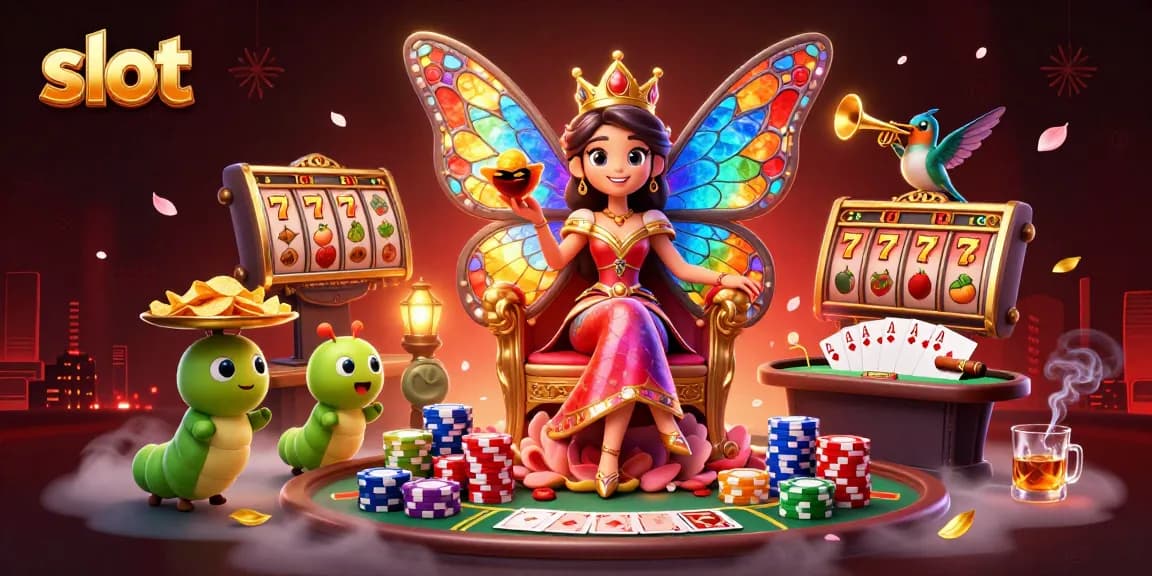 Menggenggam slot dengan tema berwarna-warni, ratu kupu-kupu dan pelayan dengan keripik emas dalam ilustrasi kasino.