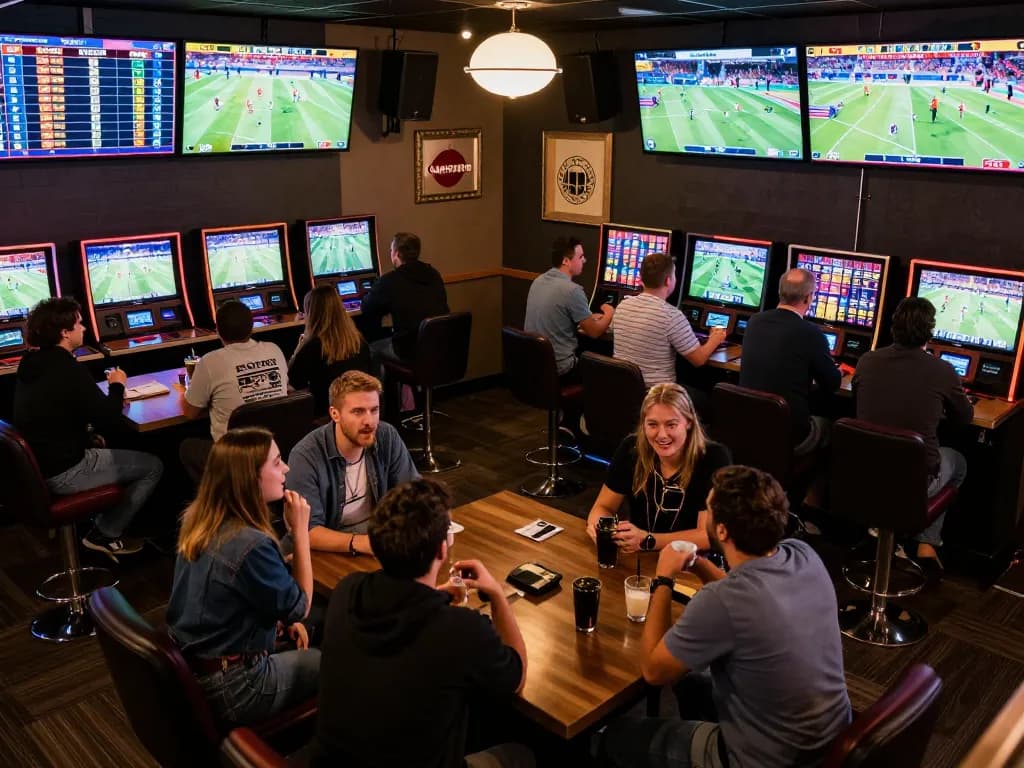 SC88 bettors engaged in placing wagers at a vibrant sportsbook, with screens showing live sports events and enthusiastic customers.