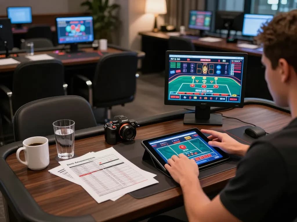 Player engaged in peri11 online gaming with tablet, surrounded by strategy notes and a modern setup