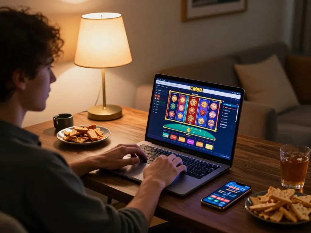Player enjoying online slots at CM88 in a cozy home setting with a laptop and smartphone.