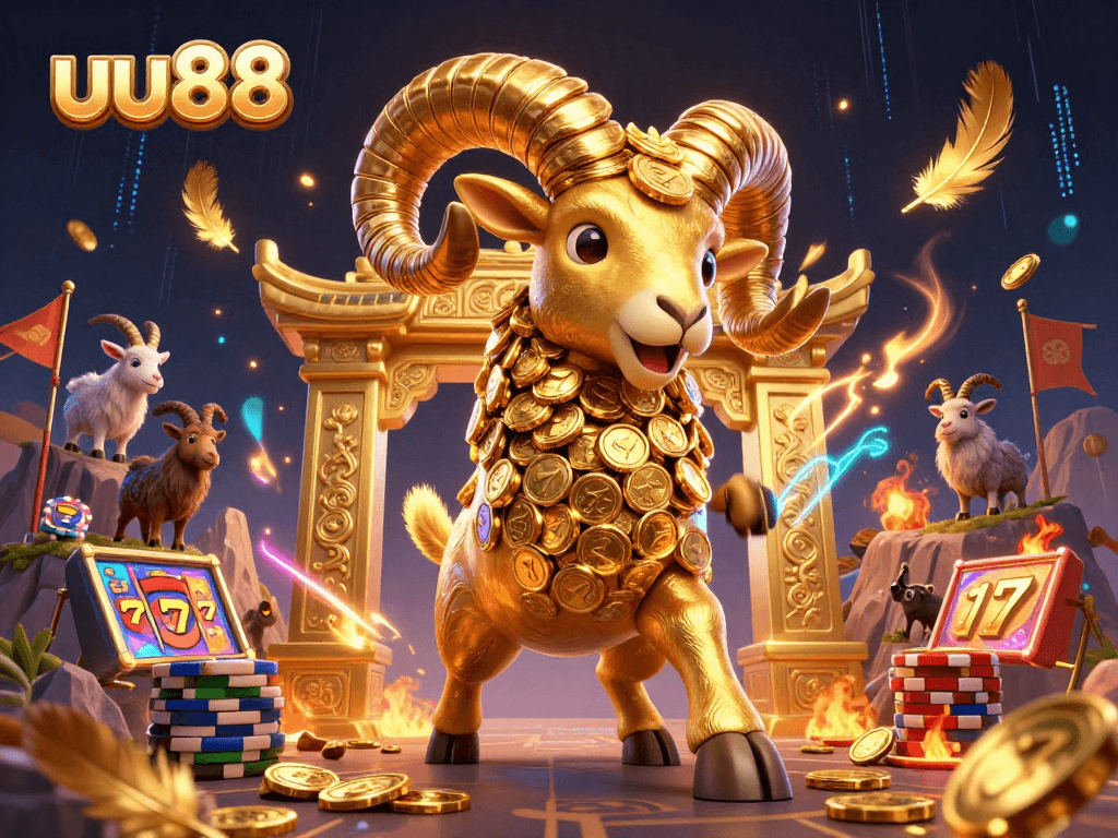 Experience the thrill of betting at uu88, featuring a vibrant golden ram amidst casino action.