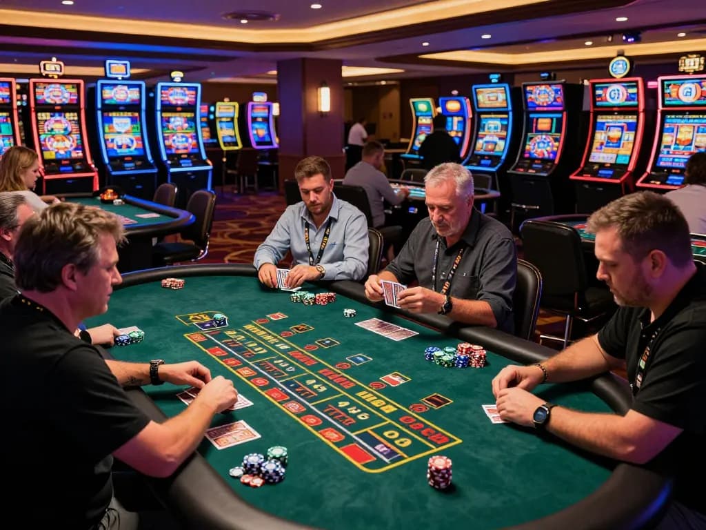 Action-packed gaming scene at the Liên minh okwin casino floor with players engaged in wagering.