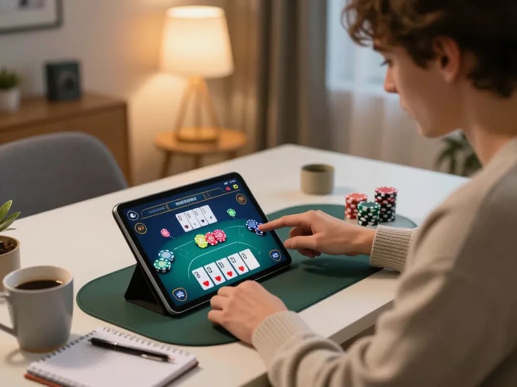 Orang sedang bermain poker di tablet Planet77, menampilkan permainan kasino online yang menarik di rumah
