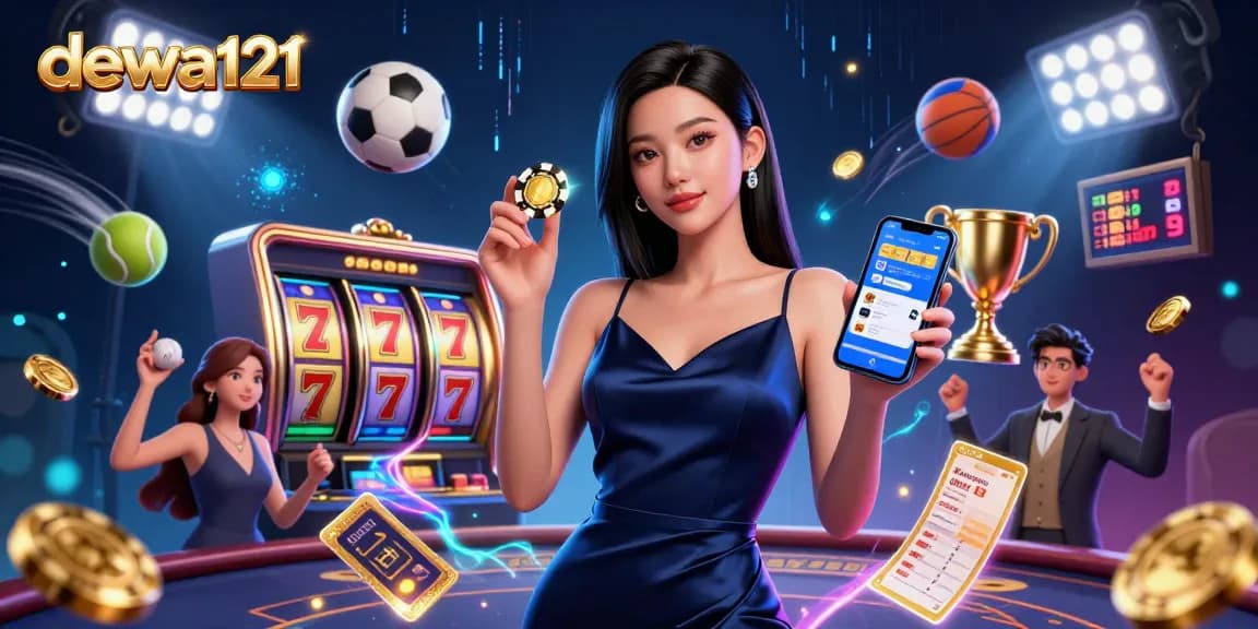Rasakan kemenangan mendebarkan dengan dewa121 saat seorang wanita Asia terlibat dalam slot online, menampilkan elemen kasino yang cerah.
