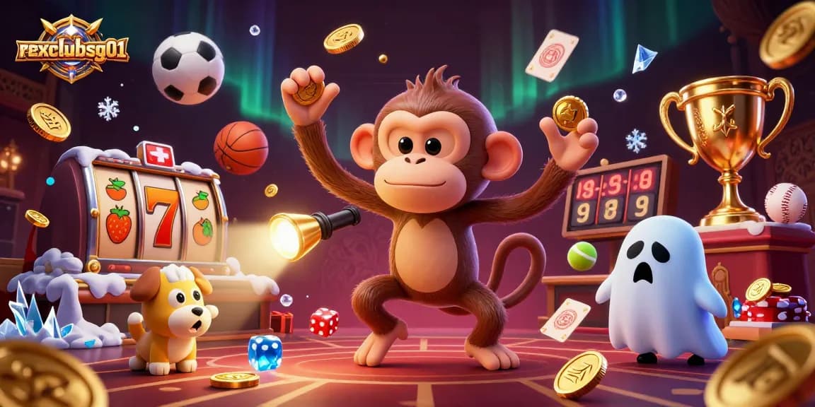 Engaging visual of rexclubsg01 showing a mischievous monkey juggling golden casino elements in a vibrant scene.