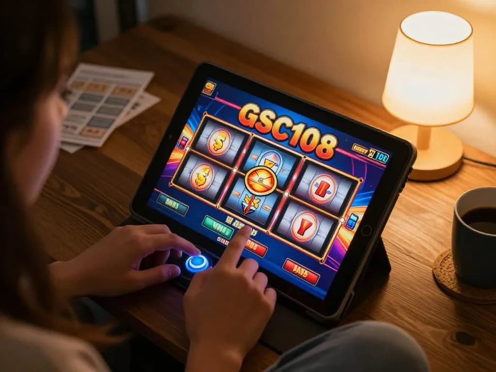 Momen permainan online yang menarik saat seorang pemain memutar mesin slot GSC108 di tablet, suasana rumah yang santai.
