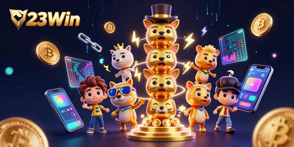 Experience the excitement of 23Win with a vibrant 3D casino illustration showcasing crypto elements and interactive gaming.