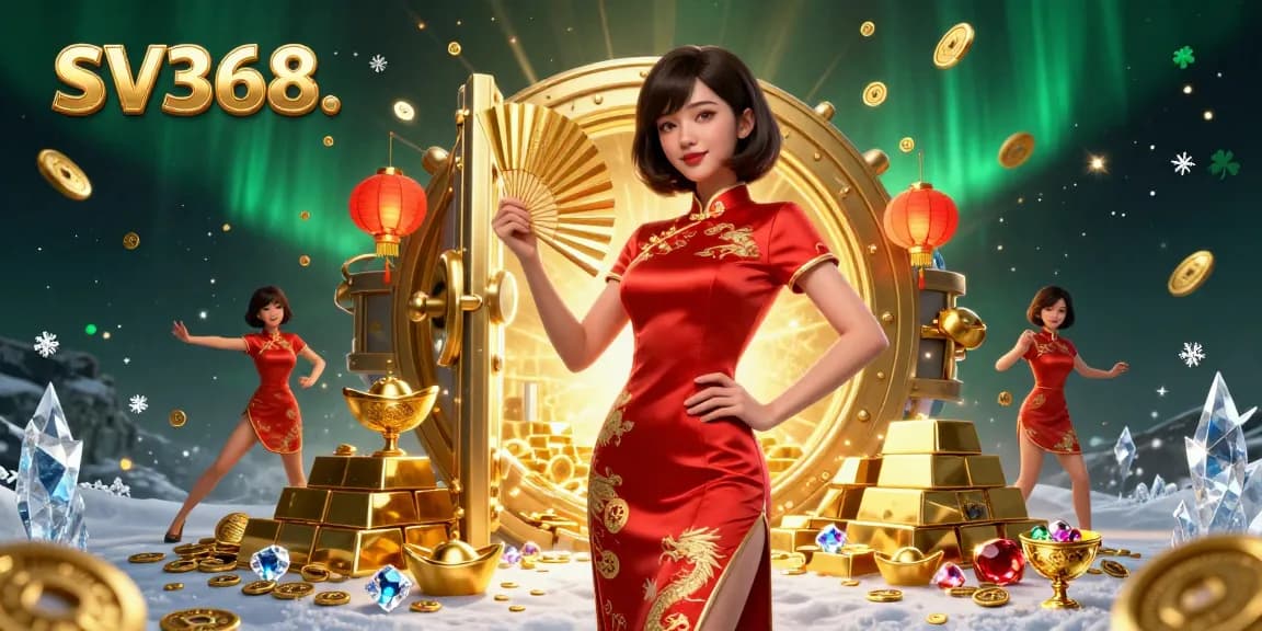 Engage in thrilling gameplay at SV368 with stunning visuals of a confident Asian woman in a vibrant qipao amidst floating coins and treasures.