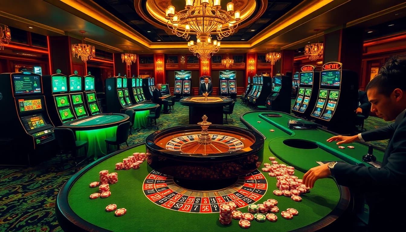 KQBD updates enhance the excitement at a bustling casino, featuring vibrant tables and eager players.