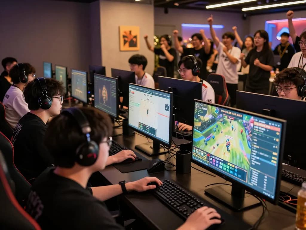 KADAL778 players celebrating a win during an esports gaming event with vibrant lighting