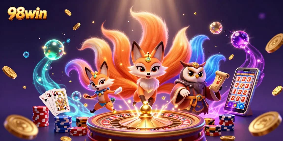 Experience the excitement of 98win with this vibrant 3D casino scene showcasing festive characters and dynamic gaming elements.