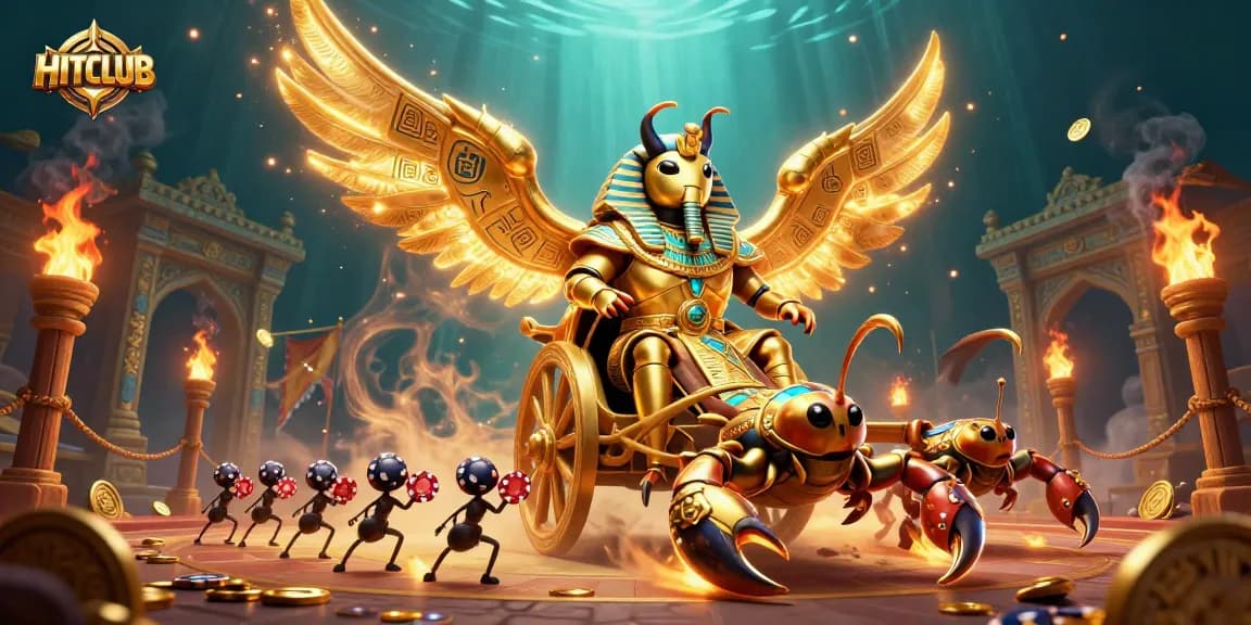 Engage with HITCLUB in vibrant casino action featuring golden scarab characters amidst dynamic gambling elements.