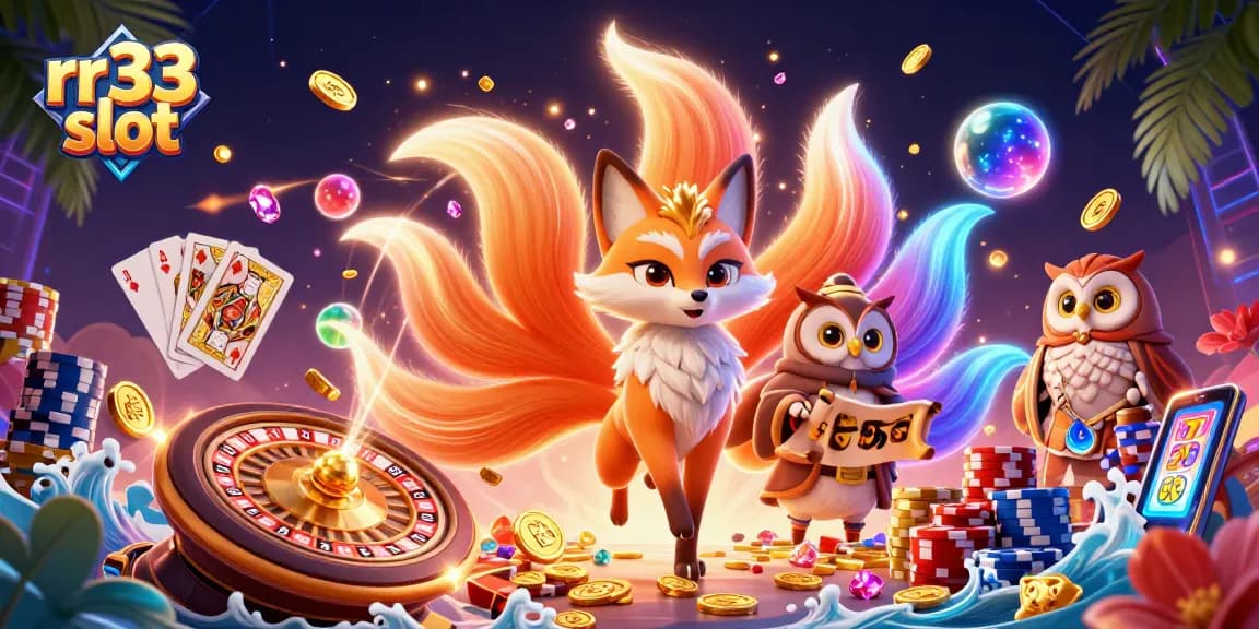 Spin to win with rr33 slot, exploring vibrant 3D casino symbols and characters in a captivating illustration