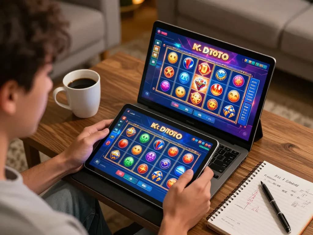 KDTOTO player engaging with exciting slots on tablet during a cozy online gaming session.