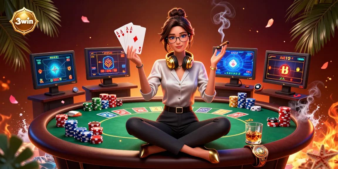 Engage with exciting casino games at 33win featuring a professional gamer setup and poker elements.