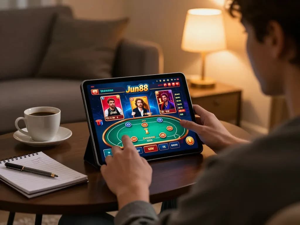 Engaged user playing poker on Jun88 platform, tablet screen visible with vibrant game graphics.