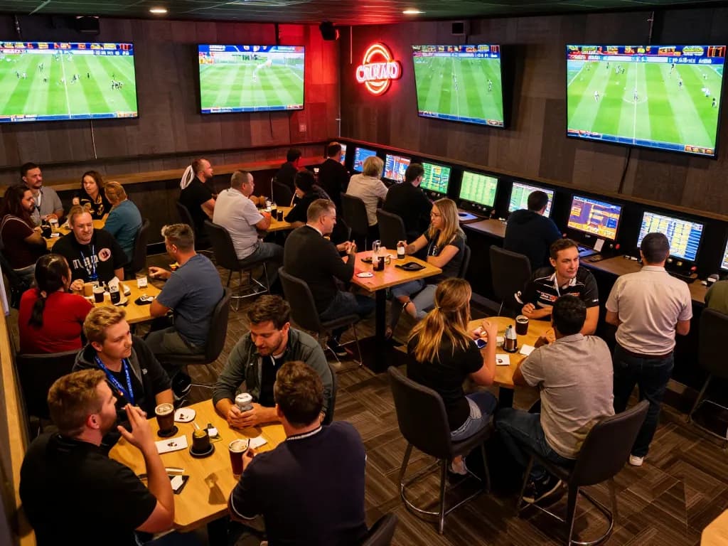Kèo bóng đá excitement as bettors analyze live odds in a modern sports lounge